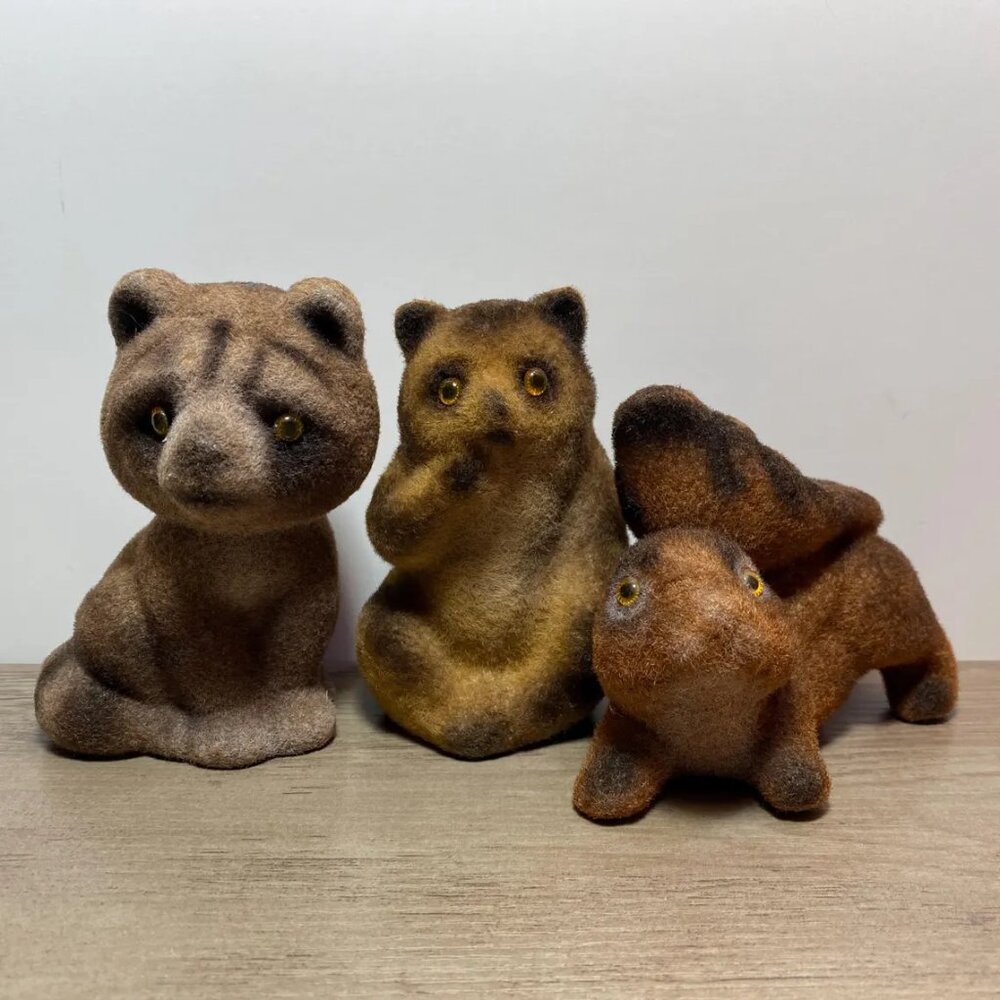 Vintage Flocked Animal Figurines Ceramic Squirrel Raccoon Bear